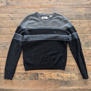 Original Penguin by Munsingwear Mens Wool V-Neck Sweater Large Black Gray Stripe